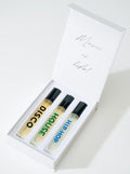A 3-pack travel set from Zernell Gillie Fragrances, featuring customizable 10ml bottles of unisex perfumes. Choose three scents from Disco, Hip-Hop, Techno, and House to create your personalized luxury fragrance set. Perfect for travel, hand-poured in the USA, and made from vegan, cruelty-free ingredients.