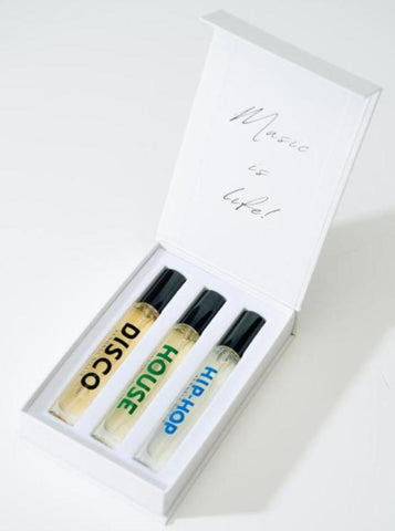 A 3-pack travel set from Zernell Gillie Fragrances, featuring customizable 10ml bottles of unisex perfumes. Choose three scents from Disco, Hip-Hop, Techno, and House to create your personalized luxury fragrance set. Perfect for travel, hand-poured in the USA, and made from vegan, cruelty-free ingredients.